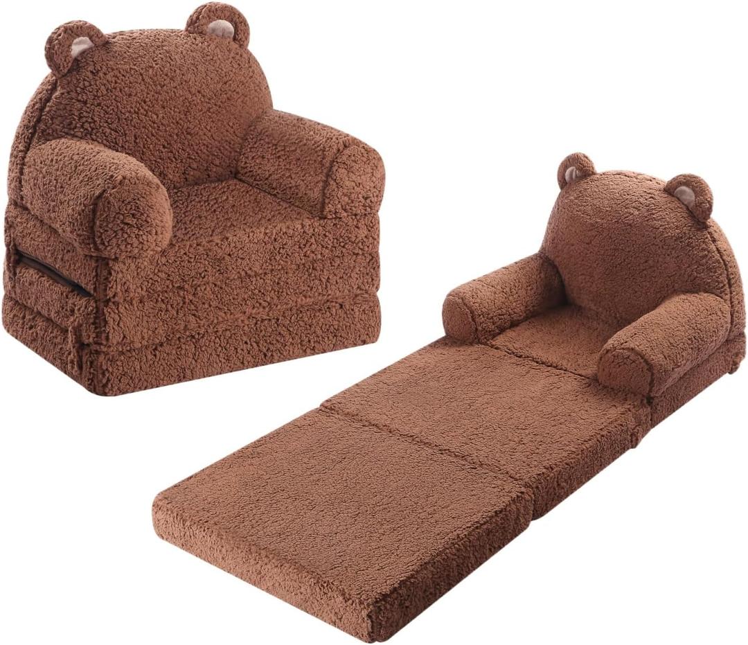 MOMCAYWEX Kids Sofa, Sherpa Couch with Tri-Layer Foam Cushions, Comfy Seating for Kids Age 18 Months and Up, Brown (Small)