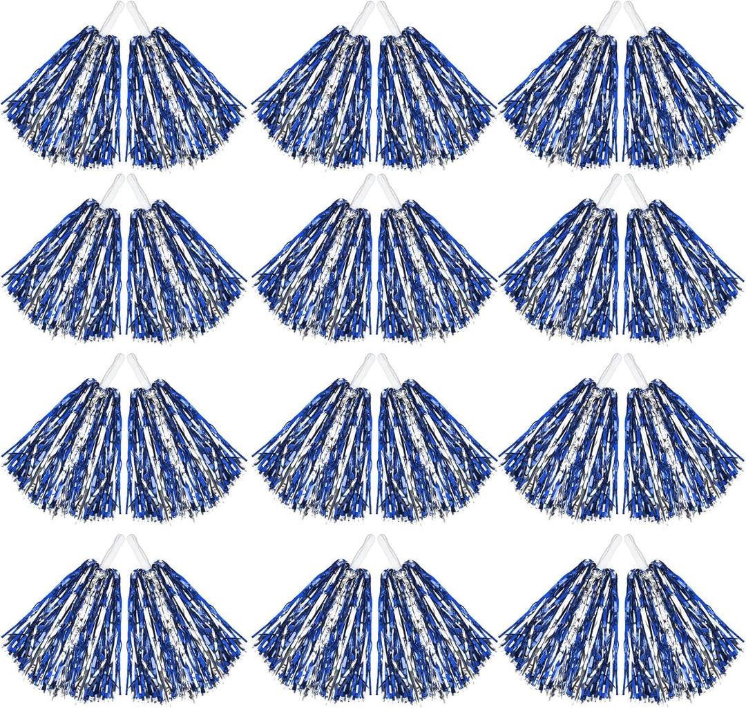 Hoteam 24 Pcs Cheerleading Pom Poms, 12.6 Inch Plastic Cheer Pompoms with Handle, Metallic Foil Cheerleader Poms for Adult for Team Sports Party Dance Cheering Squad Accessories (Blue and Silver)