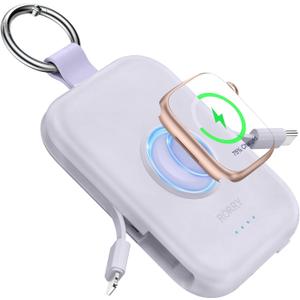 RORRY Portable Charger, 5000mAh Portable Charger Power Bank with Built-in Cables, Travel Keychain Battery Pack for Apple Watch Ultra/11/10/9/8/7/6/SE, iPhone Air/17/16/15/14/13/12, Purple