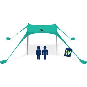 SUN NINJA Beach Tent Sun Shelter UPF50+ - Easy Pop Up Beach Canopy - Outdoor Shade for Camping Trips, Fishing, Backyard Fun Picnics - Sand Shovel, Ground Pegs & Stability Poles (5x5 FT 4 Pole, Green)
