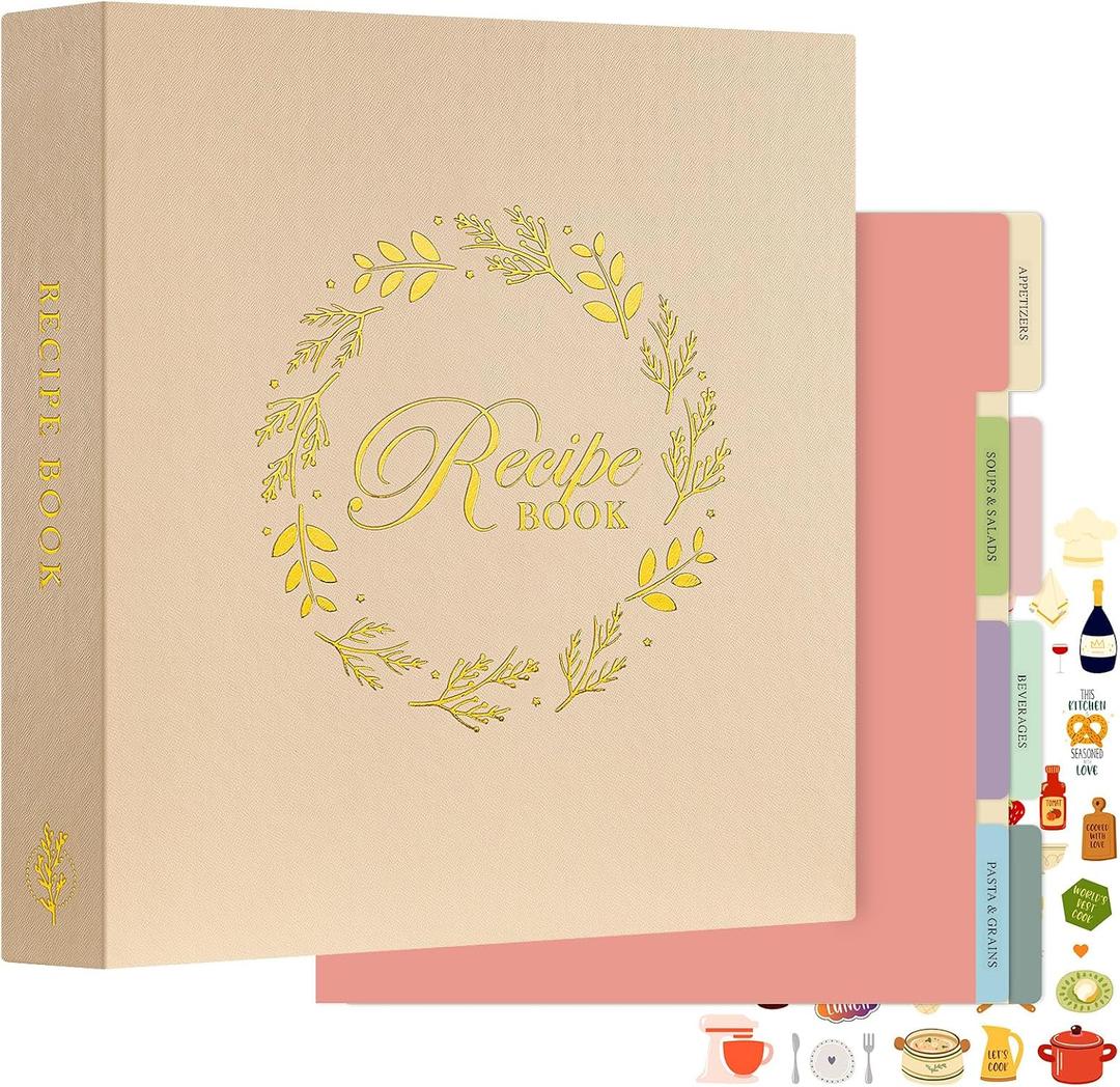 Lanpn Recipe Binder 8.5x11 3 Ring Kit, Waterproof Organizer Binder to Write in Your Own Recipes, Blank Recipe Book with 60 Plastic Sleeves,116 Recipes, Dividers, Labels & Stickers, Oat