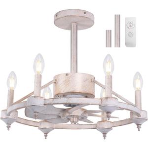 Rustic White Chandelier Ceiling Fans with Lights, 20.5" Wagon Wheel Chandelier Fan,Adjustable Height,3 speeds,Fandelier with Lights and Remote for Kitchen Living Room Dining Room