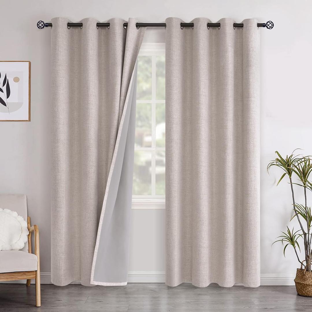 YoungsTex Linen Blackout Curtains 80 Inch Length for Bedroom, Full Room Darkening Linen Textured Window Drapes Thermal Insulated Panels for Living Room, 2 Panels, 52 X 80 Inch, Beige