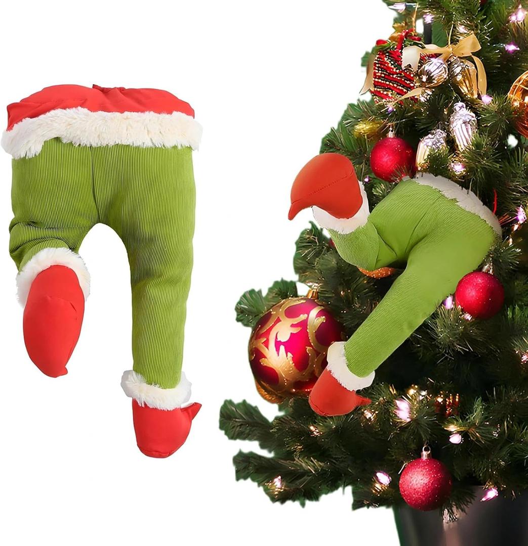 Green Elf Legs Stuck in Tree Topper for Christmas Decorations, Poseable Stuffed Leg with Fixed Wire Ornament for Indoor Outdoor Wreath Party Decor