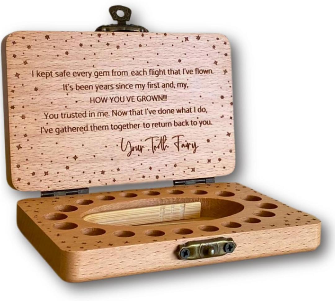 Tooth Fairy Keepsake Box for Girls & Boys, Tooth Fairy Box for 20 Baby Teeth, Wooden Tooth Storage & Saver Box for Lost Teeth, Tooth Fairy Gifts for Birthday (Natural Beech)