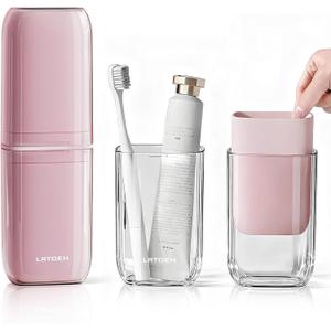Toothbrush Cup Travel Case, Portable Toothbrush Travel Container Separates into 4 Cups, Tooth Brush Holders with Cover, Toothpaste Storage for Camping, Business Trip, School (Pink)
