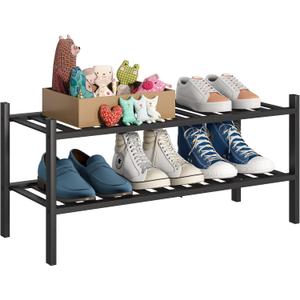 2-Tier Bamboo Small Shoe Rack Premium Stackable Shoe Shelf Storage Organizer for Hallway Closet Living Room Entryway Organizer (Black Bamboo)（27*11*12.6inches）