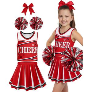 JenPen Cheerleader Costume for Cute Cheerleading Outfit Cheer Uniform for Halloween Dress Up with Accessories(L(7-9year), Red)