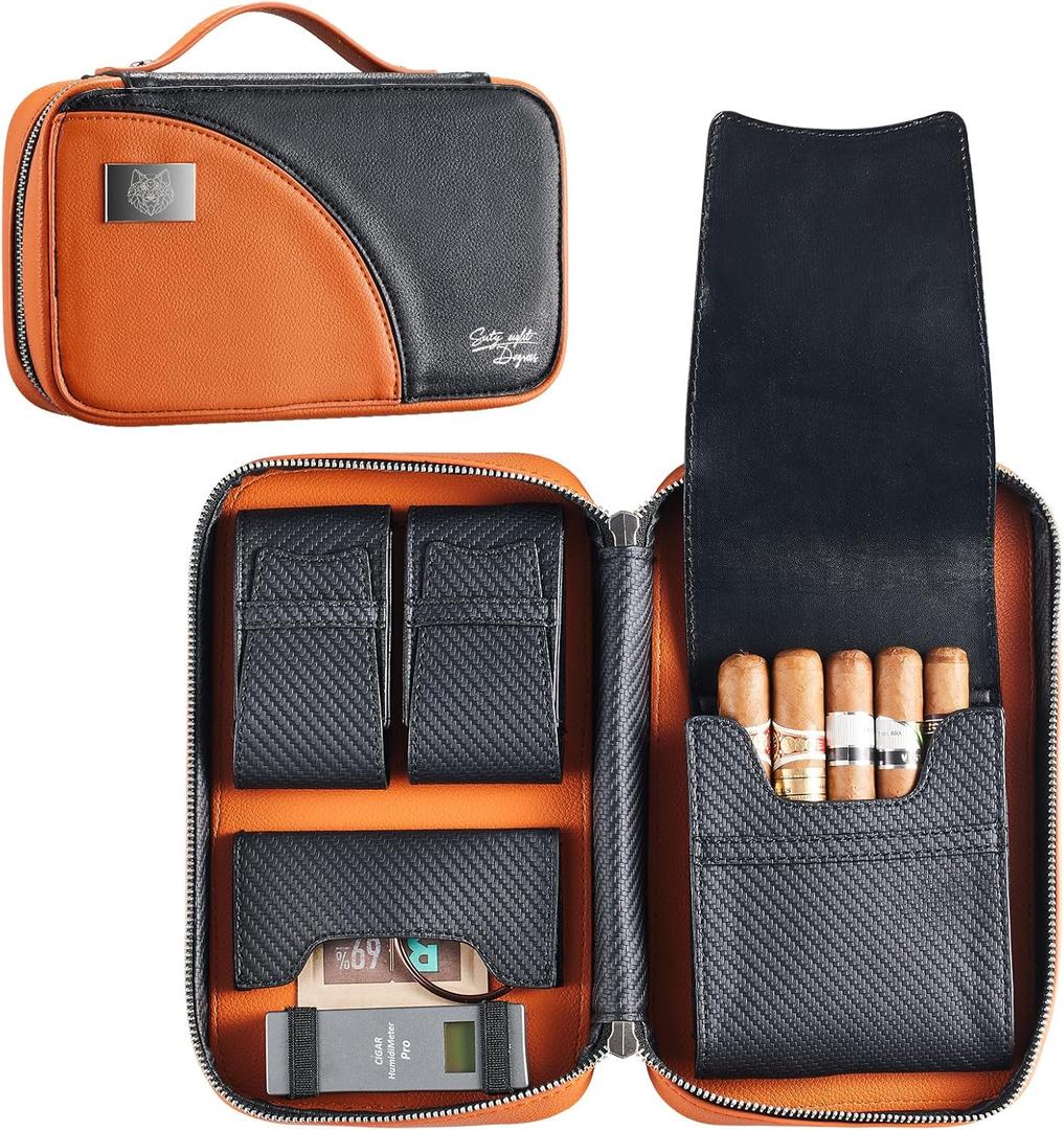 Leather Cigar Case for 5 Cigars  Orange Travel Humidor with 3 Pockets, Bold Hard Shell Organizer, Full Grain Leather, Portable Cigar Pouch