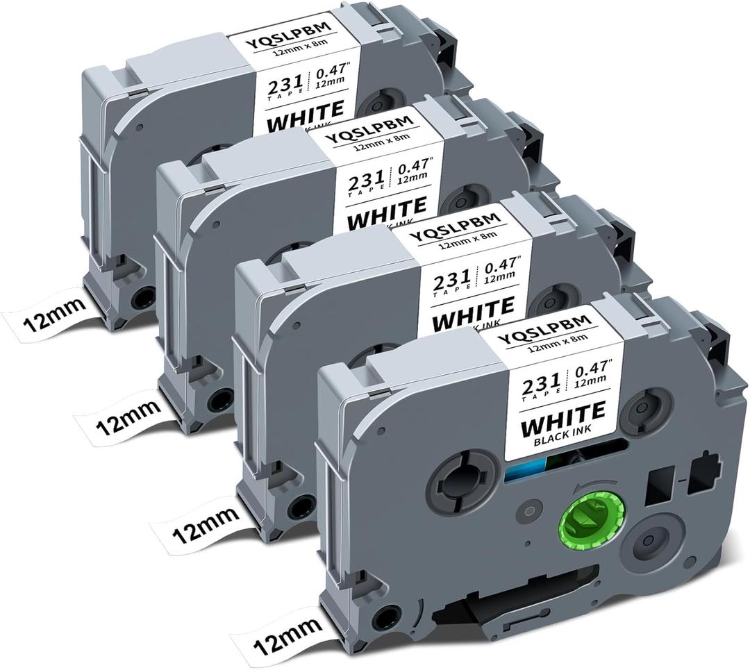 Label Maker Tape TZe-231 TZe231 Compatible with Brother P-Touch Label Tape TZe TZ Tape 12mm 0.47 Laminated White 1/2 Inch Ptouch Refill for PT-H110 D220 D210 1280 1290 1880 2040, Black on White 4-Pack