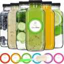STARSIDE 12 oz Glass Juice Bottles with Lids 6 Pack - Square Reusable Drinking Jars for Juicing, Milk, Kombucha - Includes 1 Bottle Brush, 6 Colored Labels