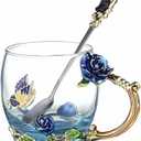 Tea Cup Gifts for Mom Women Mothers Day Glass Coffee Enamels Mug Birthday Butterfly Rose Gifts for Her Valentines Day Christmas Tea Cup with Spoon