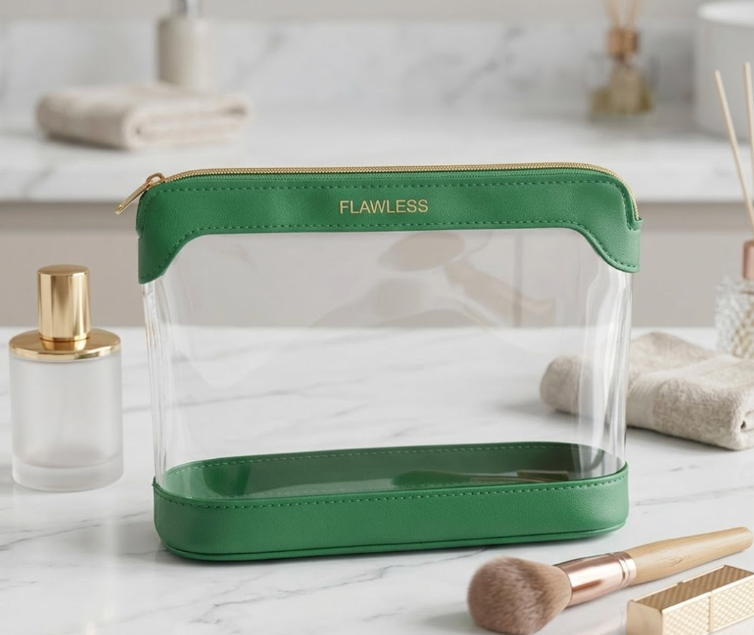 'FLAWLESS' Clear/Green Cosmetic Case (8in. x 6in)