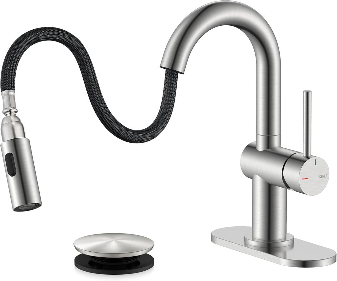 KENES Brushed Nickel Bathroom Faucet with Pull Down Sprayer, Single Handle Bathroom Sink Faucet with Pull Out Sprayer, Vanity Faucet with Pop Up Drain & Deck Plate, KE-9065B