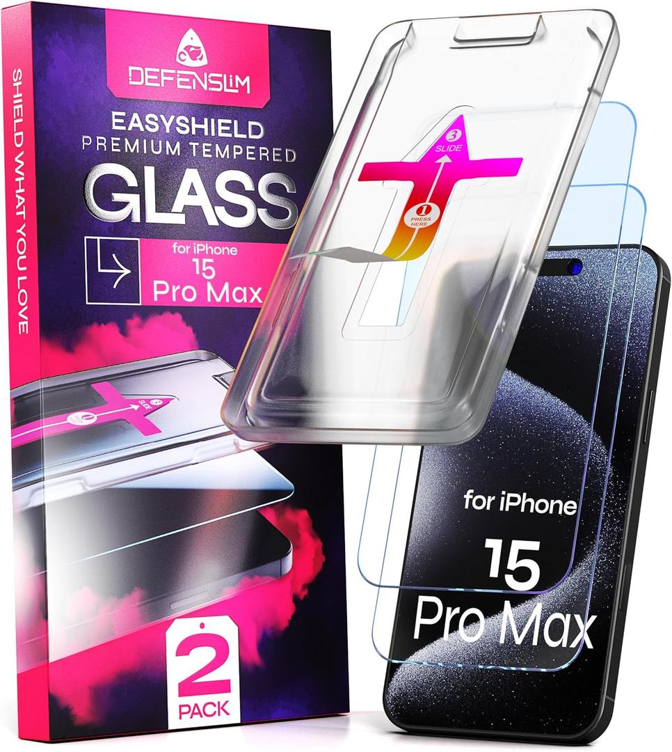 Defenslim Screen Protector for iPhone 15 Pro Max (2Pack), Easy Auto-Align Install Kit, 6.7" Tempered Glass, 9H Hardness, Ultra HD Clear, Case Friendly, EasyShield