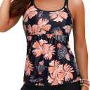 Yonique Two Piece Tankini Swimsuits for Women with Shorts Tummy Control Bathing Suits Athletic Swimwear (X-Small, Black and Orange Floral)