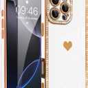 for iPhone 16 Pro Max Case Cute Love Heart Plating for Women, with Screen Protector, Glitter Sparkle Rhinestone Diamond Border Design Slim Rectangle Wireless Protection Case Cover, White
