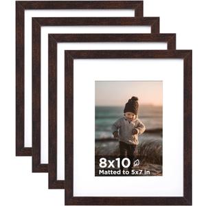 KINLINK 8x10 Picture Frame Brown Set of 4, Wooden Photo Frames Matted 5x7 with Plexiglass for 5x7 with Mat or 8x10 without Mat for Table and Wall Display