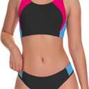 Beautikini Period Swimwear Two Piece Menstrual Leakproof Sporty Bikini Sets Bathing Suit Period Swimsuit for Teen Girls (Small, Raspberry Red+blue)