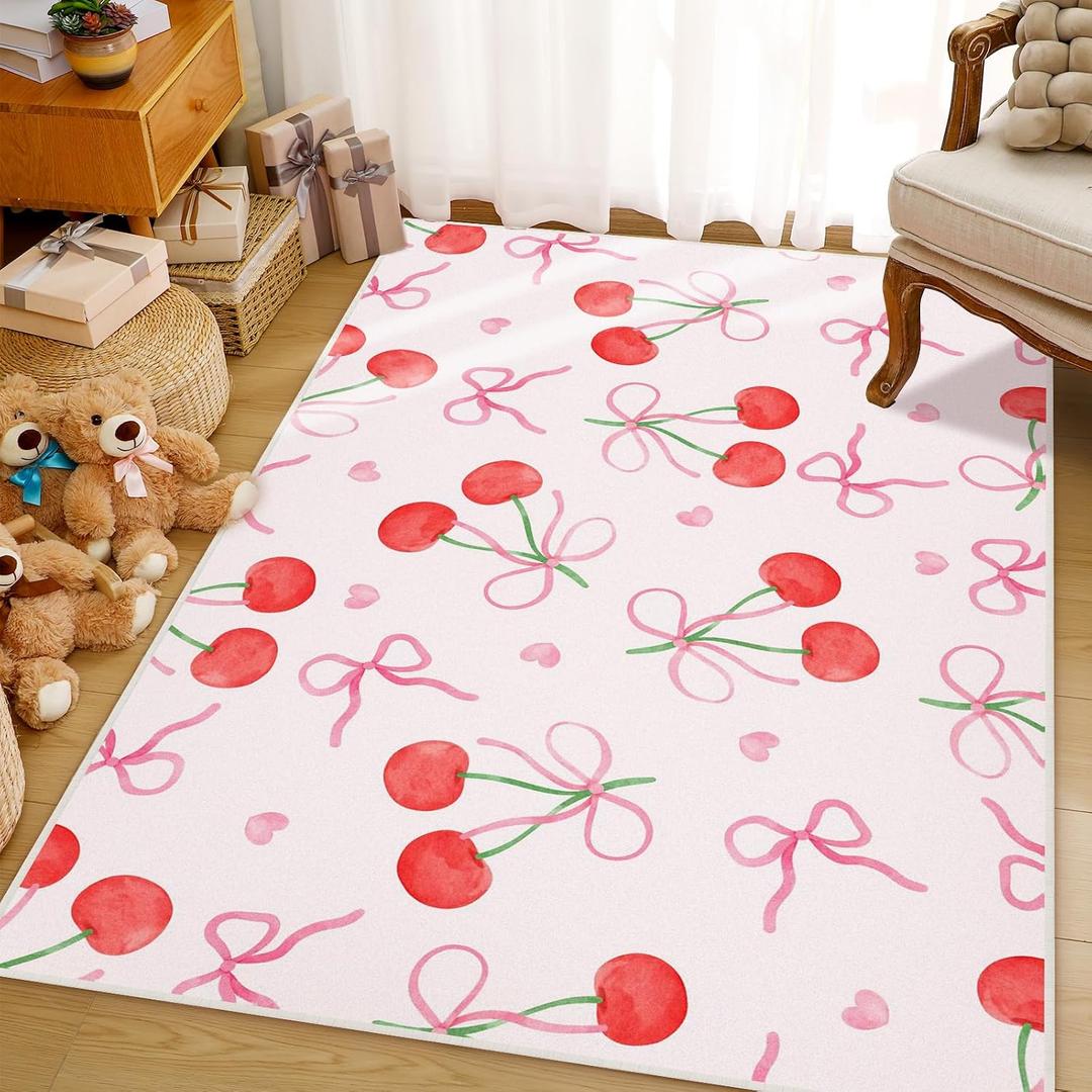 Drydiet 4 x 6 ft Large Bow Welcome Mat Rug Coquette Doormat Decor Gifts for Bedroom Room Women Aesthetic Decor Birthday Decorations Gift Lovers(Cherry Bow,Pink)