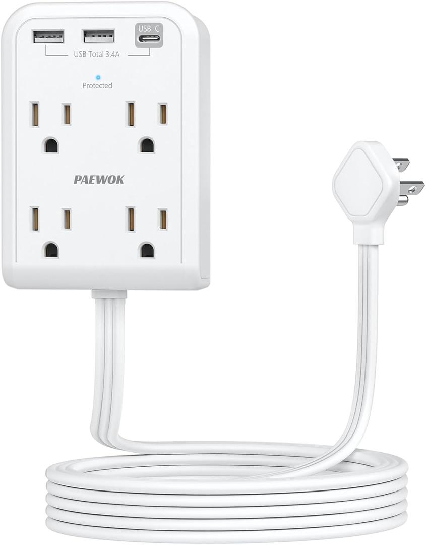 Paewok Surge Protector Power Strip with 3 USB Wall Plug(1 Type C), 4 AC Socket Wall Adapter, Electrical Outlet Extender Stick with 8 ft Thin Extension Cord, Home Office Dorm Room Essentials, White