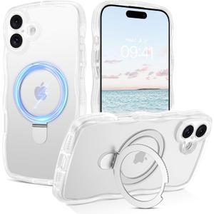 BENTOBEN Magnetic for iPhone 16 Plus Case, Wavy Curly iPhone 16 Plus Phone Case with Ring Stand [Compatible with MagSafe] Translucent Matte Shockproof Protective Cover for 16 Plus 6.7'', White