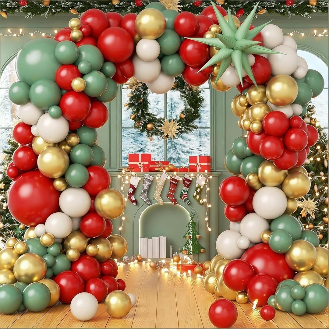 145pcs Christmas Balloon Arch Garland Kit with Red Sage Green Sand White Christmas Party Decorations