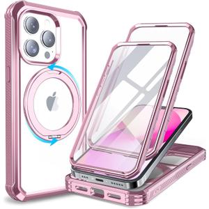 KPV for iPhone 13 Pro Case,3in1/Compatible with MagSafe/with 2X Front Case Protection/Invisible Magnetic Ring Metal Stand/Shockproof Military-Grade Protection(V-Rose Gold,Rotatable Stand)