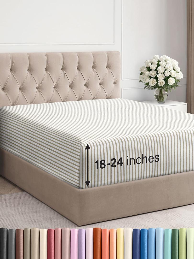Extra Deep King Fitted Sheet - Hotel Luxury Single Fitted Sheet Only - Easily Fits 18 inch to 24 inch Mattress - Ultra Soft, Wrinkle Free with Extra Deep Pockets - Breathable & Comfy - Beige Stripes