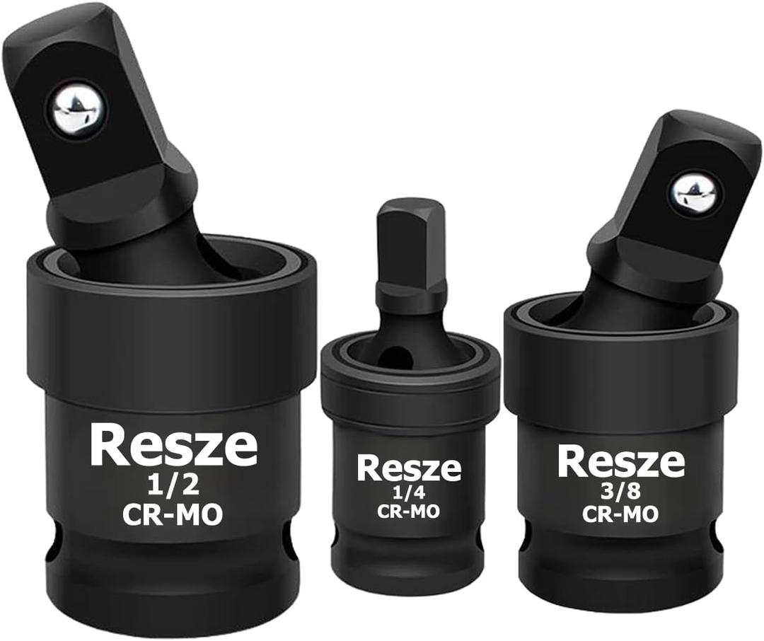 Resze 3PCS Universal Joint Swivel Socket Adapter Set (1/4", 3/8", 1/2"), 360 Rotating, Chrome-Plated Steel, Universal Fit, Anti-Slip Design - Heavy-Duty Automotive & DIY Mechanics Tool Kit