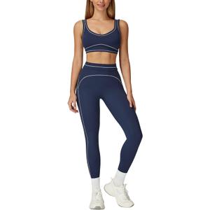 Women 2 Piece Workout U Back Color Block Sports Bra High Waist Tummy Control Active Leggings Yoga Pilates Outfits (Blue, L)