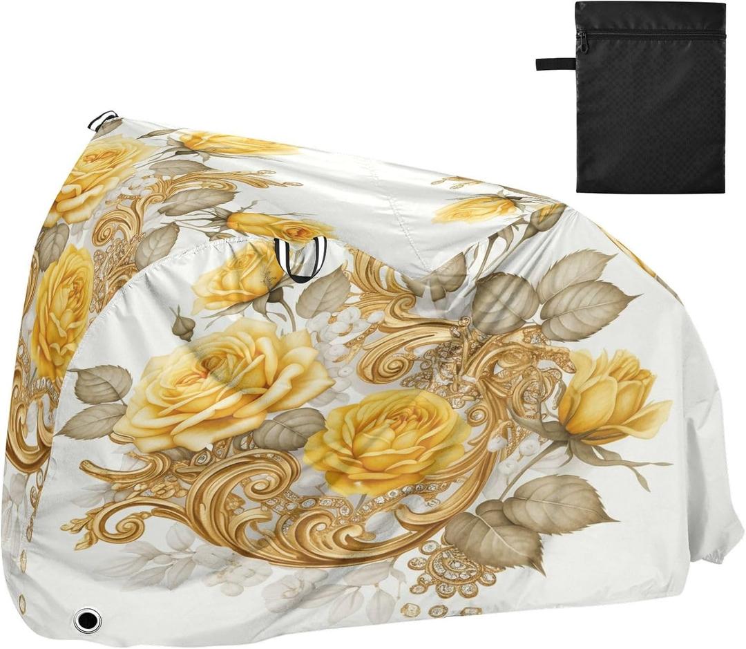 Bike Cover for 1 Bike, Outdoor Waterproof Heavy Duty Bicycle Covers Rain Sun UV Dust Wind Proof with Lock Hole for Mountain Road Electric Bike, Yellow Roses