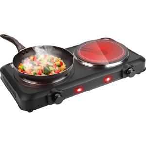 2000W Electric Infrared Dual Burner, Dual Hot Plate with Stepless Temperature Adjustments, Portable Counter Double Stove with 7.5 Glass Cooktop for Home RV Camp Cooking (Black)