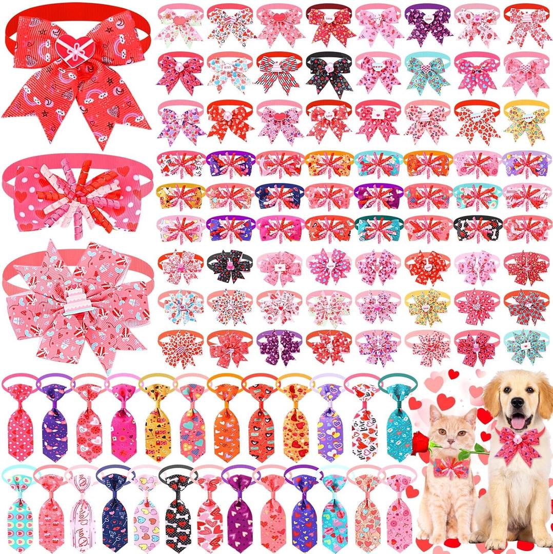 Huhumy 100 Pcs Valentine's Day Dog Bow Tie Collar Bulk Valentine's Day Dog Bow Tie Adjustable Heart Puppy Neckties Collars for Small Medium Pet Grooming Accessories Puppy Supply