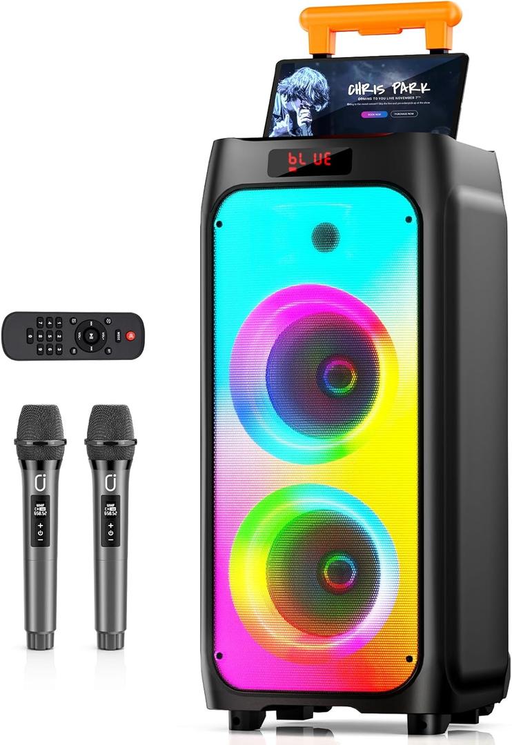 Karaoke Machine with 2 Wireless Microphones, 500W Portable Bluetooth 5.3 Party Speaker for Adults/Kids w/36H Playing Time, Disco Lights for Outdoor Gathering/Home Singing/Best Gifts