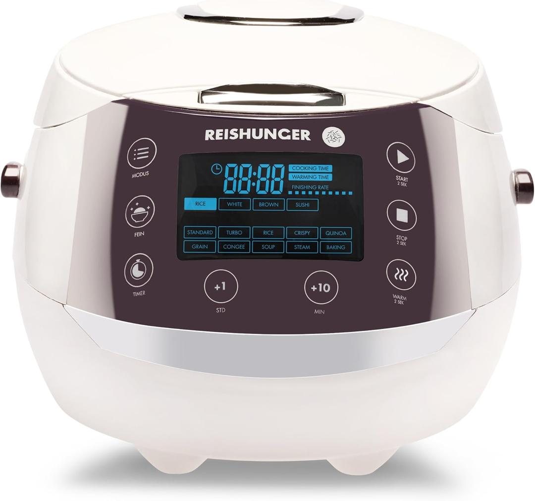 Reishunger Digital Rice Cooker and Steamer, White, Timer - 8 Cups - Premium Inner Pot, Multi Cooker with 12 Programs & 7-Phase Technology for Brown Rice, Soups, Grains, Oatmeal & more - 1-8 People