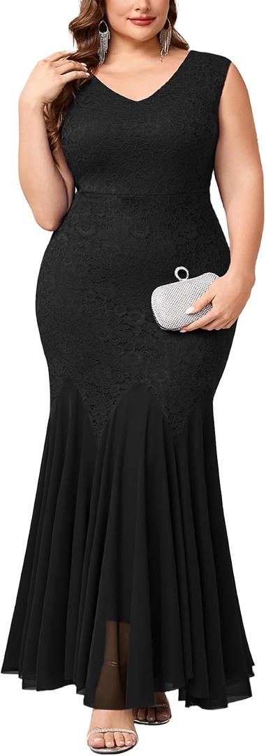 Plus Size Lace Formal Sexy Maxi Dress with Mermaid Mesh V-Neck Off The Shoulder Dress Wedding Cocktail Evening Gown 3XL