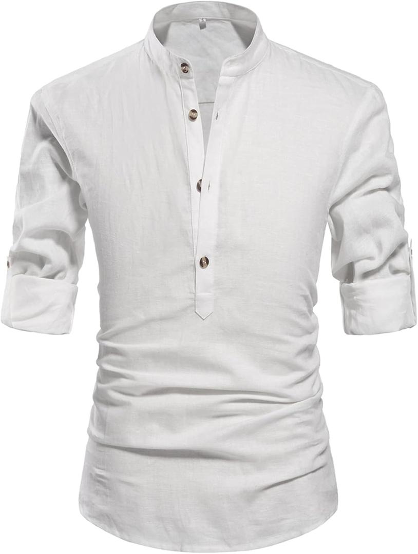 NITAGUT Men Henley Neck Long Sleeve Daily Look Linen Shirts (Medium, White)