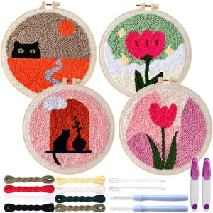 XunYee 4 Sets DIY Punch Needle Kits for Adult Beginners Cute Cat with Flower with Hoop Punch 8 Inch DIY Needle Embroidery Sets Starter Craft Set Easy for Adults Children Festival Gift Decoration