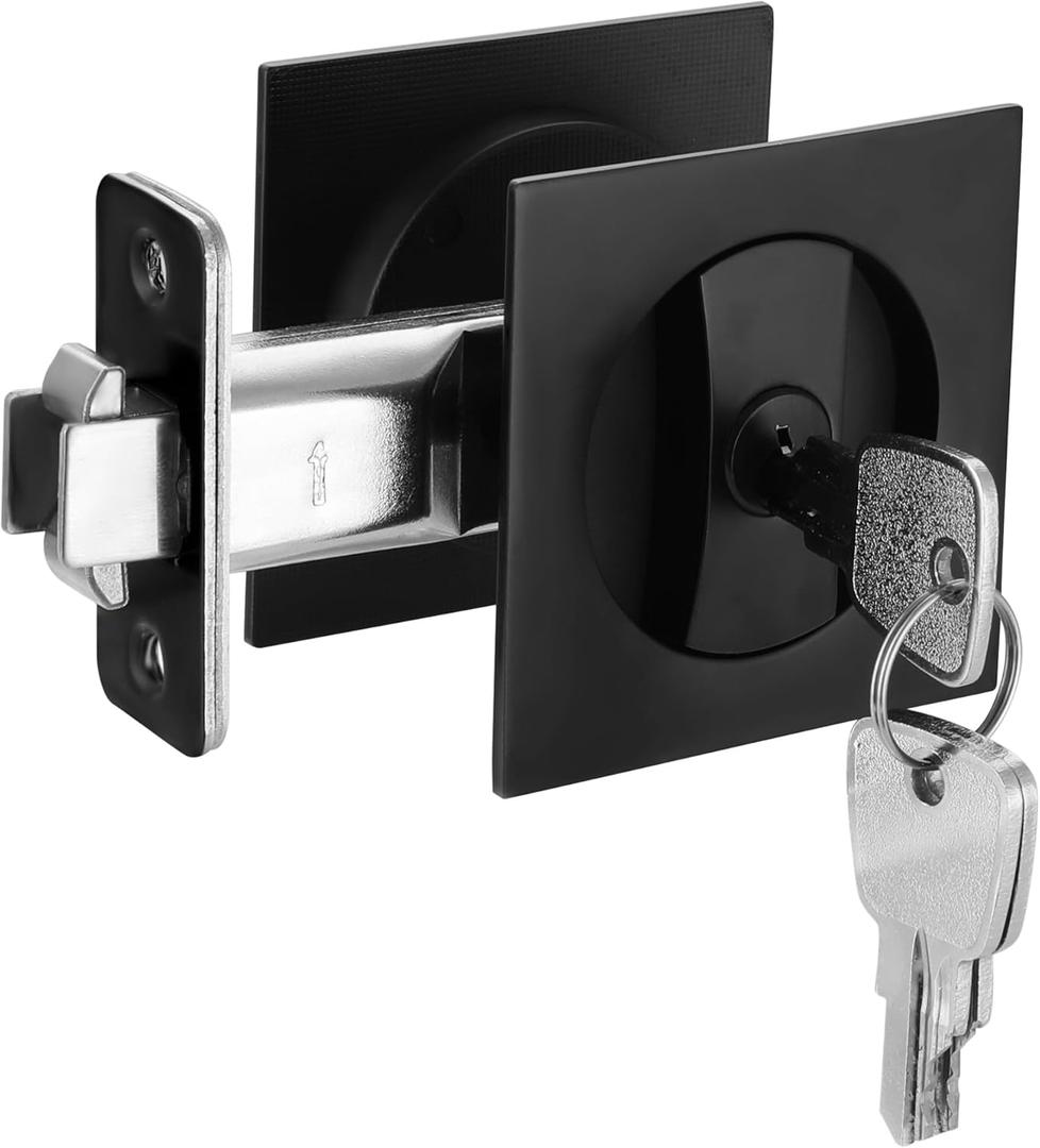 Cozy Tower Pocket Door Lock with Key, Pocket Door Hardware Square Door Lock for Privacy Sliding Door Bifold Door Locks Pocket Door Pull Handles Replacement Hardware (Matte Black)
