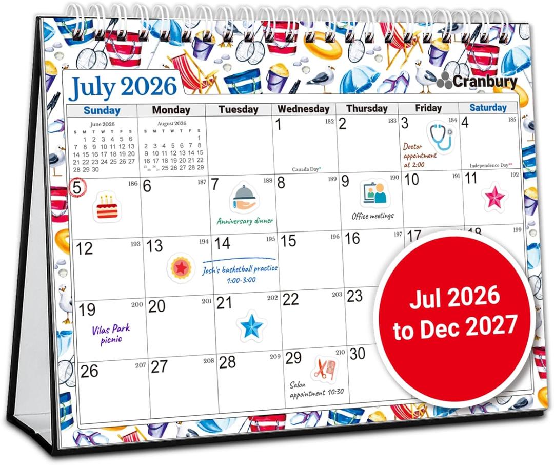 CRANBURY 8x6 Small Standing Desk Calendar 2026-2027, July 2026 to December 2027, Academic Stand Up Flip Desktop Planner with Seasonal Designs, Twin-Wire Binding, Includes Stickers for School & Office (Seasons)