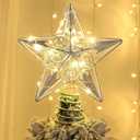 Juegoal Star Tree Topper with 20 LED Lights, Metal Silver Lighted Treetop Ornaments, Battery Powered Light Up Christmas Tree Decorations, 6.5 x 6.5 Inches