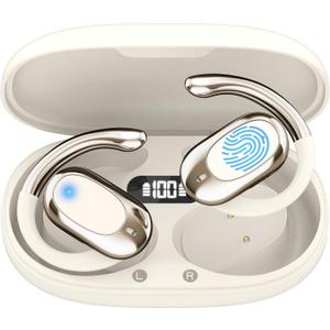 ZINIG Open Ear Earbuds, Bluetooth 5.4 Wireless Earbuds with Ear Hooks, 32H HiFi Stereo Open Ear Headphones with Clear Calls, IPX7 Waterproof Lightweight Sport Headphones, Off-White