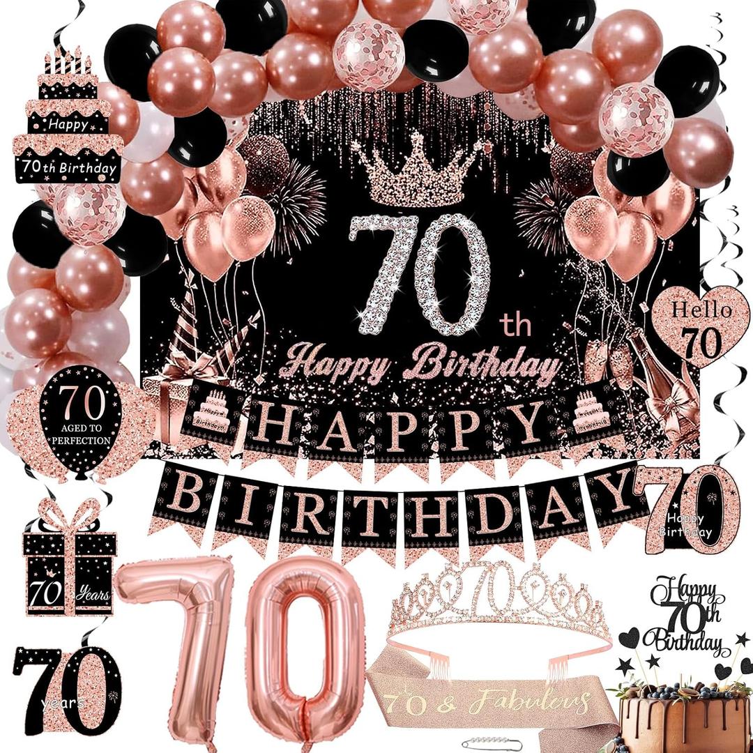 Rose Gold 70th Birthday Decorations for Women - Backdrop, Sparkle Crown Sash, Happy 70th Birthday Banner, Cake Topper, 70 Number Balloons, Hanging Swirl Decorations - 70pcs