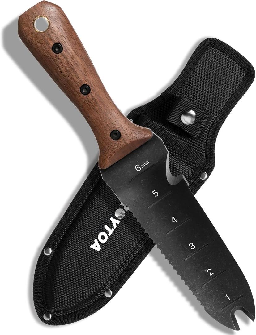 Hori Hori Garden Knife, Garden Tools with Sheath for Weeding,Planting,Digging, 7" Stainless Steel Blade with Cutting Edge, Full-Tang Wood Handle with Hanging Hole (Double head)