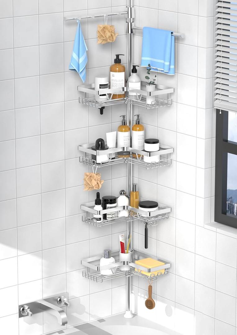 KEGII Shower Caddy Tension Pole with 2 Towel Bars, Adjustable Corner Bathroom Organizer, Rustproof Bathtub Storage Shelves for Shampoo, 25114.2 Inch Shower Rack for Renters & Family, Silver