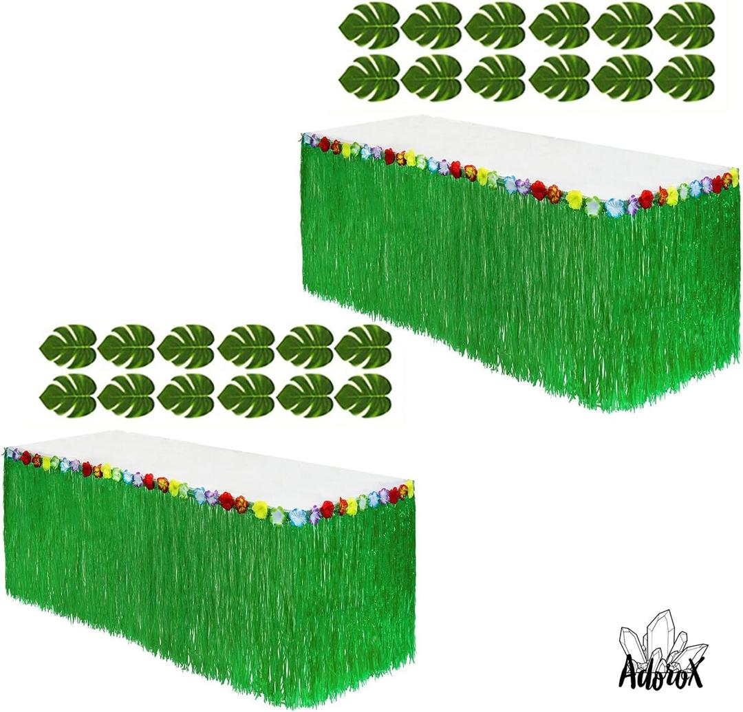 Adorox (2 Table Skirt) Hawaiian Luau Hibiscus Green Table Skirt 9 Ft Party Decorations