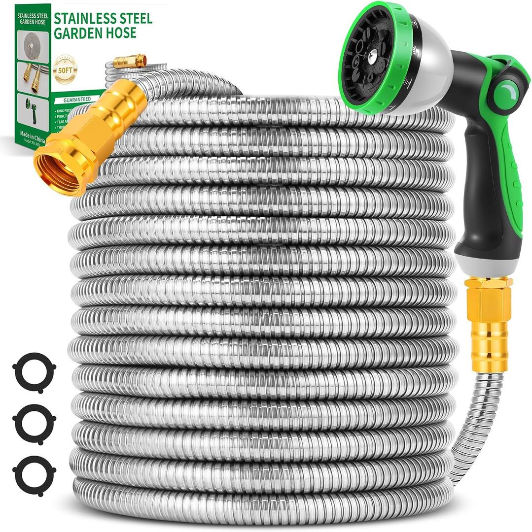 Toolasin Garden Hose 50ft, Flexible Stainless Steel Metal Water Hose with 10-Function Nozzle, No-Kink, Leak-Proof, Wear-Resistant, 3/4 GHT, Easy to Use and Store for Garden, Yard, Outdoor