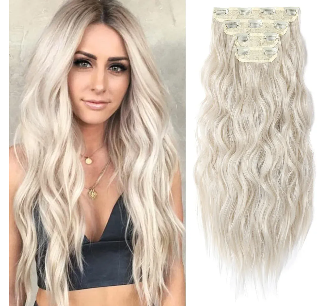 REECHO Hair Extensions, 4PCS Clip in Hair Extensions HE001 Natural Soft Synthetic Hairpieces for Women, Platium Blonde