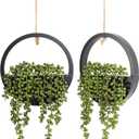 Floweroyal 2pcs Artificial Succulents Hanging Plants 12.2'' Fake String of Pearls in Pot with 8.3'' Lanyard for Indoor Outdoor Wall Decor (Black)